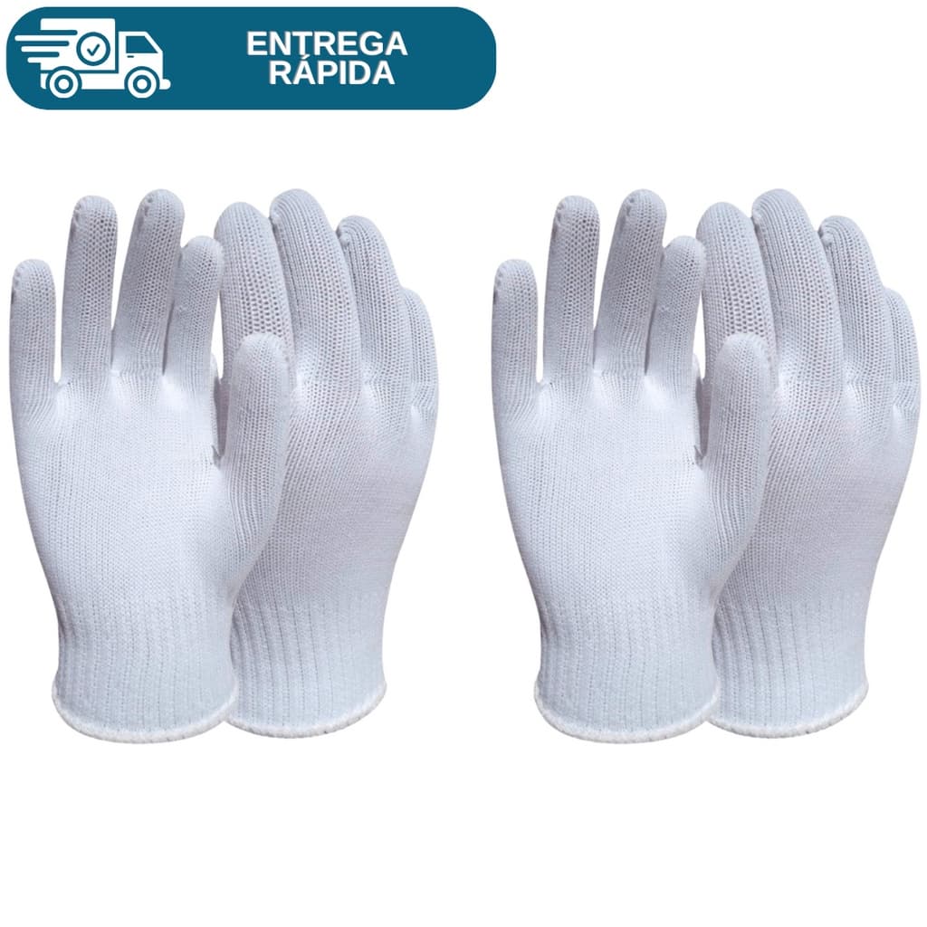 Kit 2 Prs Luva Tricotada Malha Helanca Poliamida Branca De Proteção Lisa P/ Pedreiro Manutenção Epi