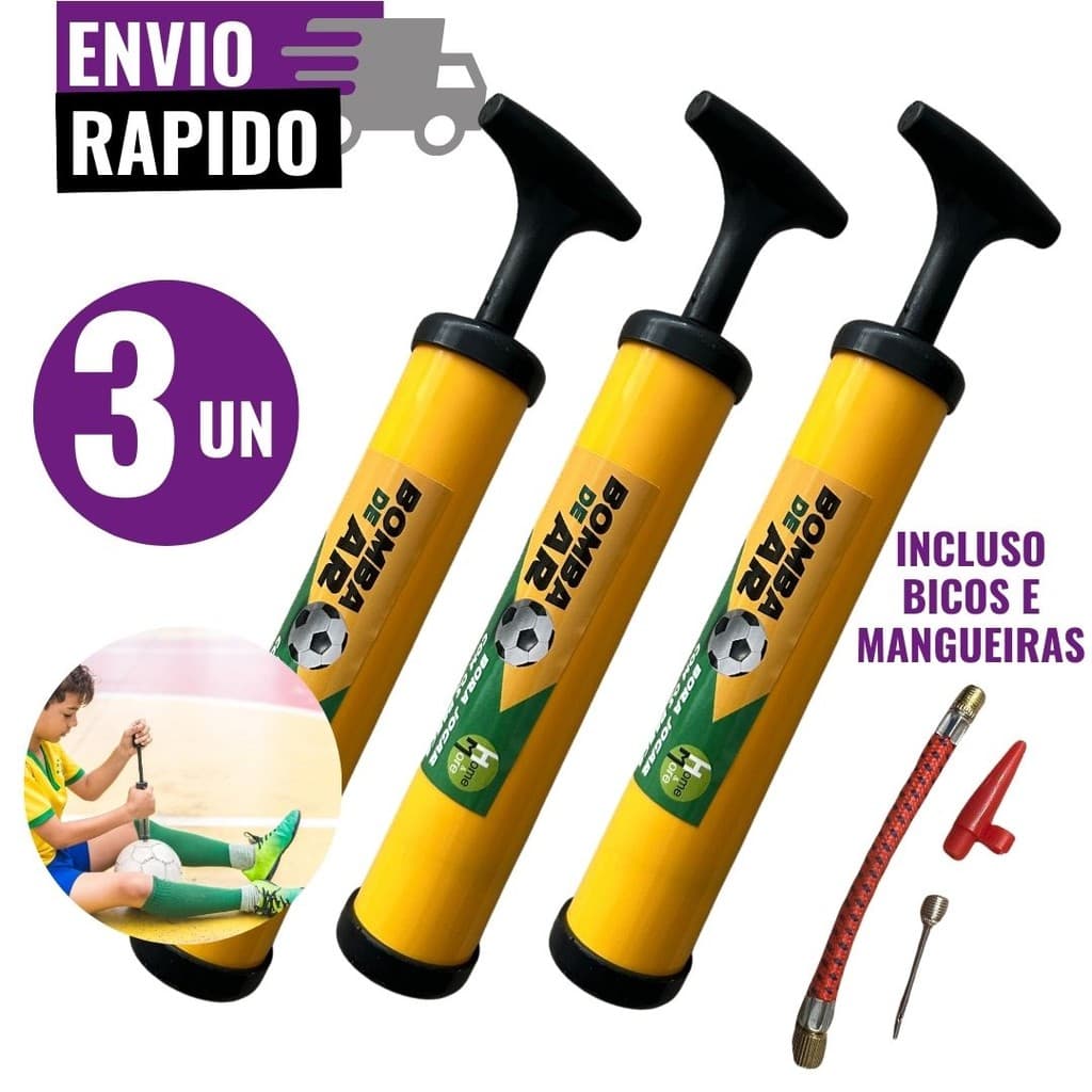 Kit 3 Bomba de Ar Manual 10” Encher Bolas Boias Infláveis Balões Bico Agulha e Plástico com Mangueira Flexível