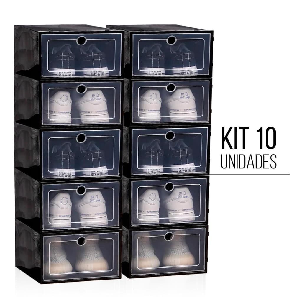 Kit 10 Caixa Organizadora Sapateira Sapato Tenis Empilhavel Preta(ATENCAO, NOSSO ANUNCIO NAO TEM VIDEOS!)
