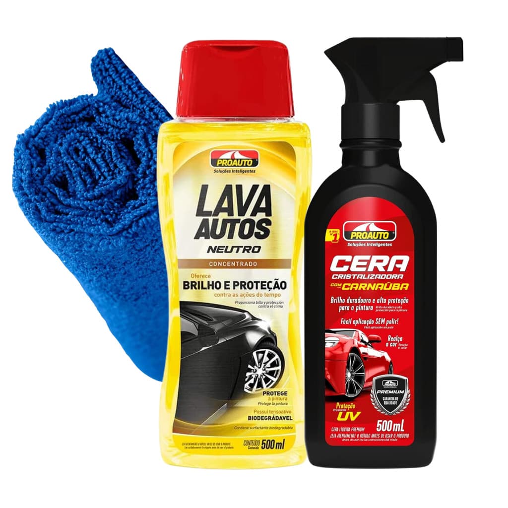 Kit Lavagem de carro com Lava Autos Shampoo e Cera liquida carnaúba
