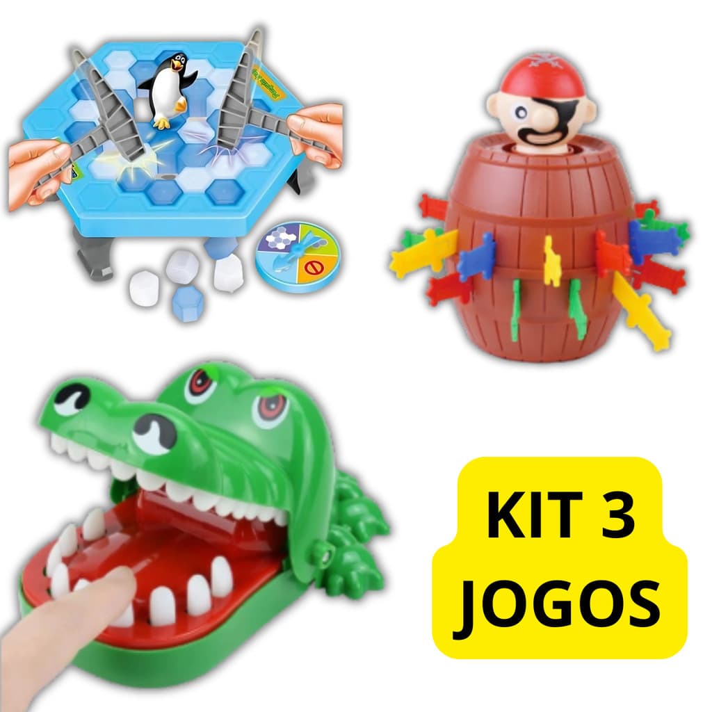 Kit 3 Jogos Infantis Crocodilo morde + pula Pirata + Pinguim quebra gelo jogos de mesa diversão