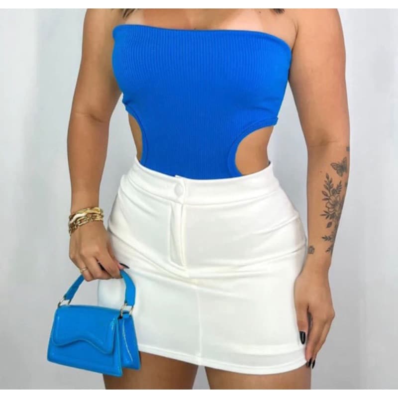 Short Saia Feminino Cintura Alta com Botão Tecido em Neoprene Moda Verão em Promoção