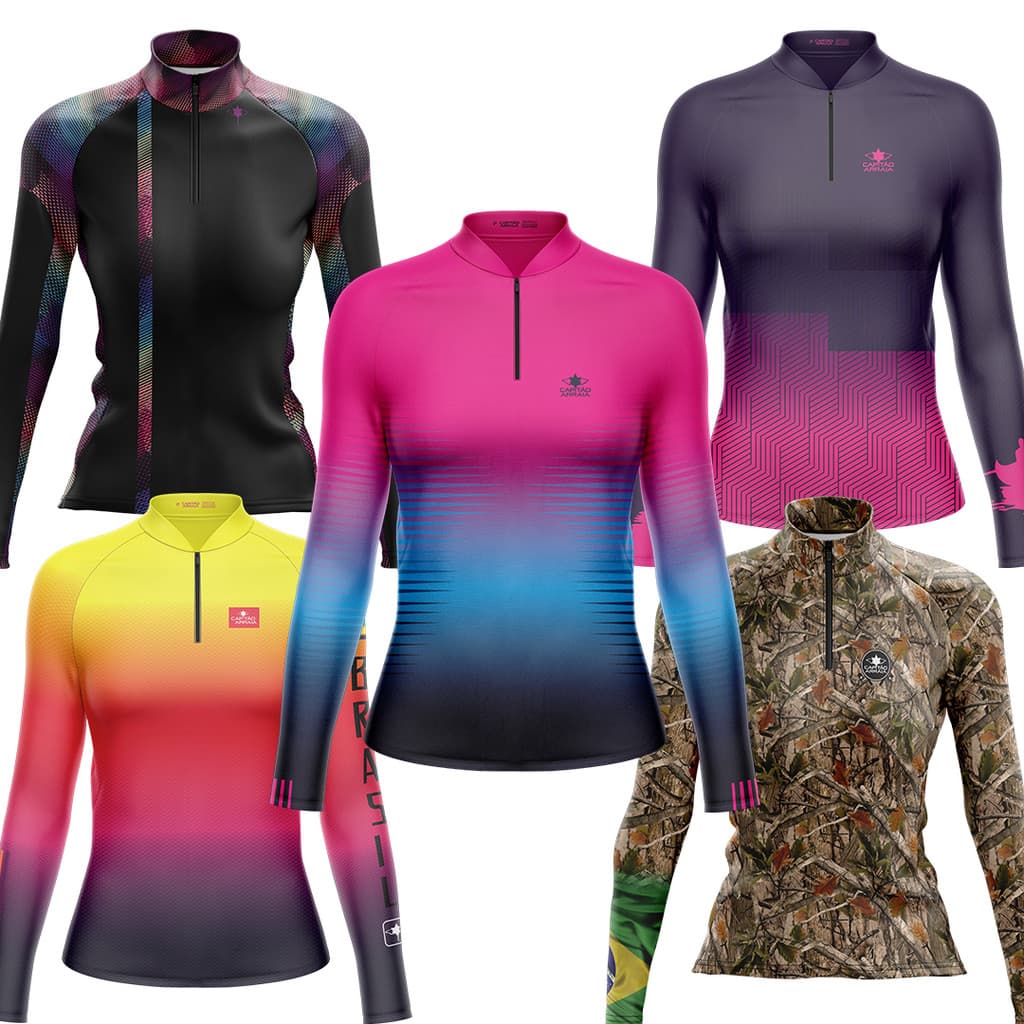 Camisa Pesca Feminina Segunda Pele Proteção Solar UV 50+ com Zíper Estampas Lindas