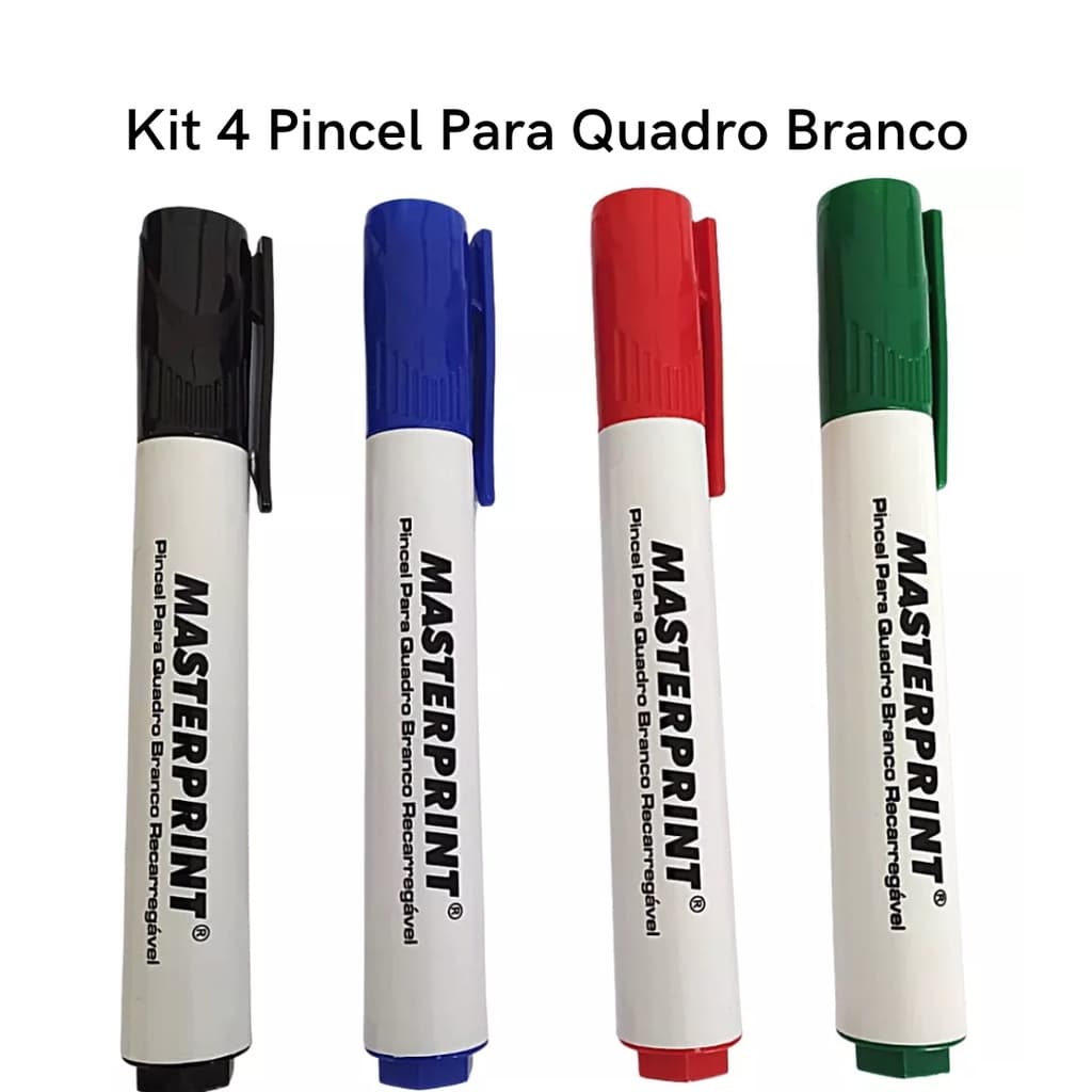 Kit 4 Pincel Quadro Branco Cores Azul Preto Vermelho Verde Recarregável Masteprint