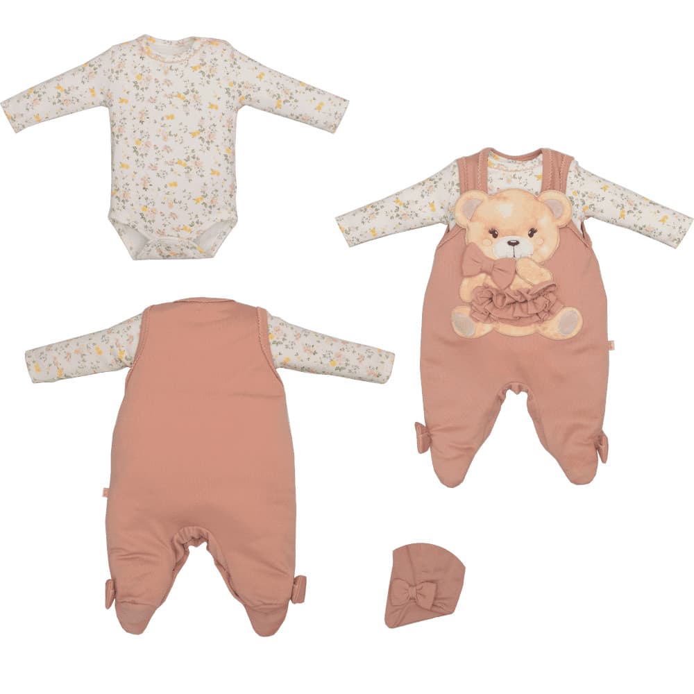 Conjunto Jardineira Manga Longa Com Body Bebê Menina Esther