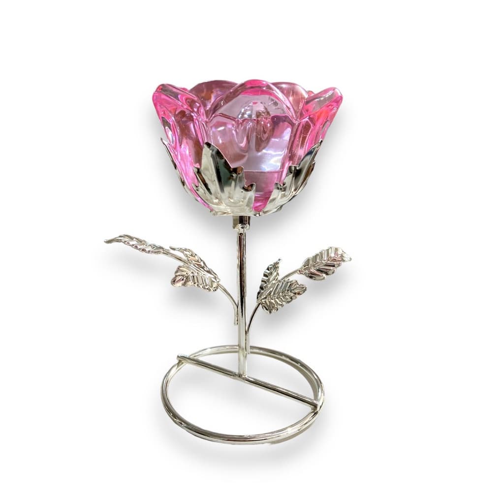 Castiçal de Metal Com Flor de Vidro Rosa 13cm