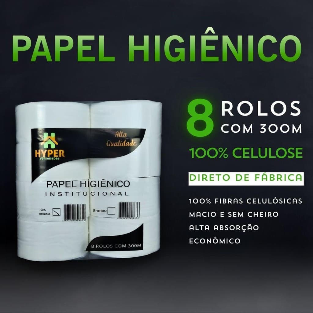 Papel Higiênico Rolão Institucional Big Grande 100% Celulose Virgem 300m C/8 Rolos