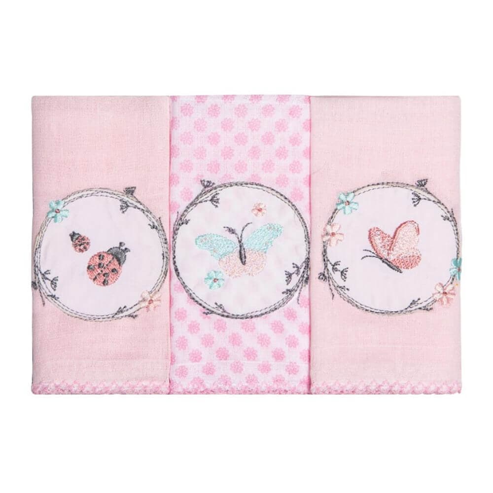 Kit Pano De Boca Papi Bordados Karinho Cores Borboletas - 03 Peças