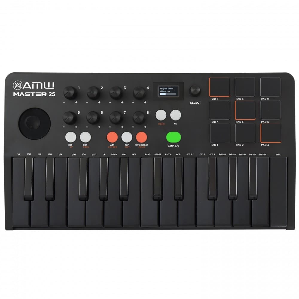 AMW Master 25 All Black Teclado Controlador Midi 9 PADs 8 Knobs Visor OLED