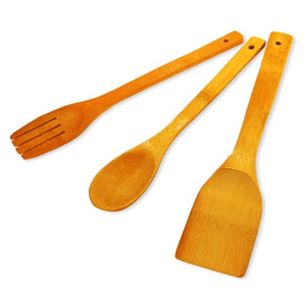 Jogo de Talheres Bambu 3 peças Colher Espátula Garfo