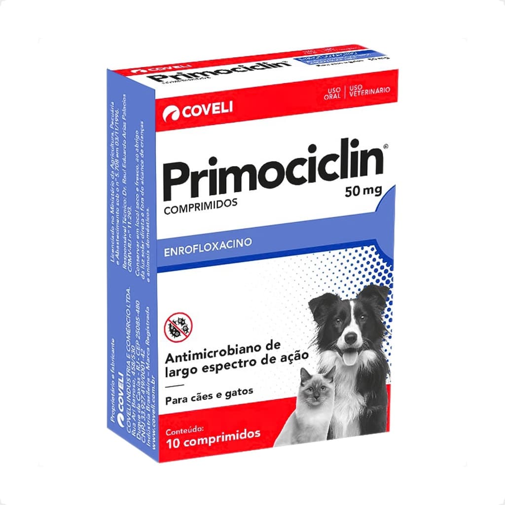 Primociclin 50mg Antimicrobiano Coveli para Cães - 10 Comprimidos