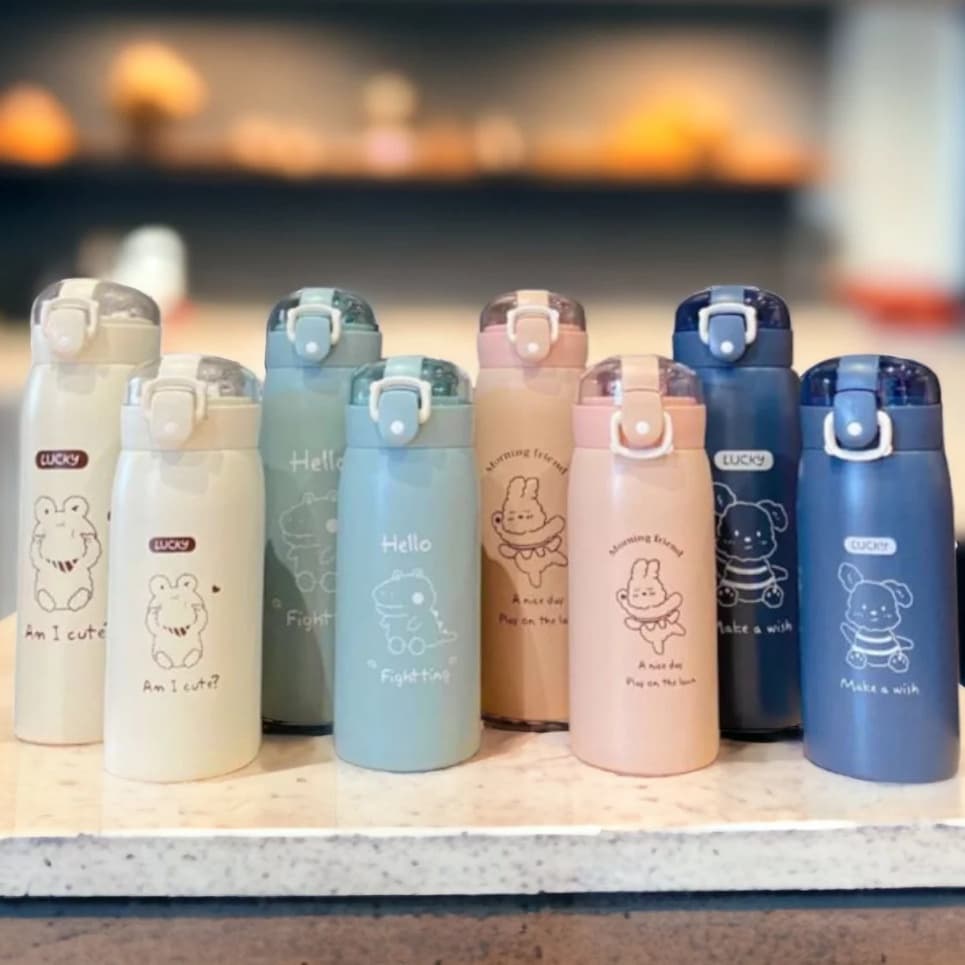 Garrafa Térmica de Bichinho Com canudo em Inox 350ml Trabalho Escola Academia