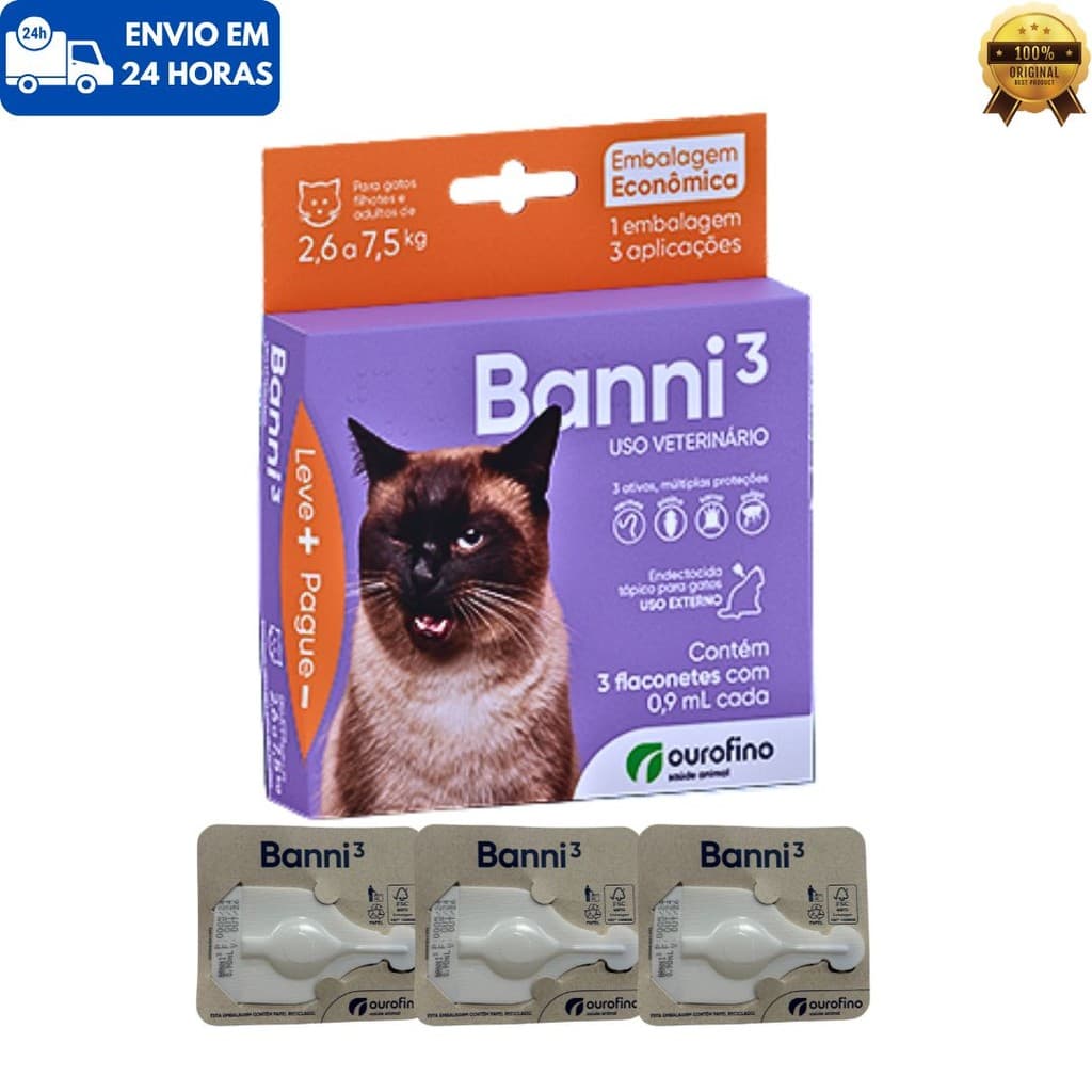 Kit 1/2/3 Antipulgas Vermes Sarna Ourofino Banni 3 Gato Adulto 2,6 a 7,5kg Até 3 Meses Tratamento