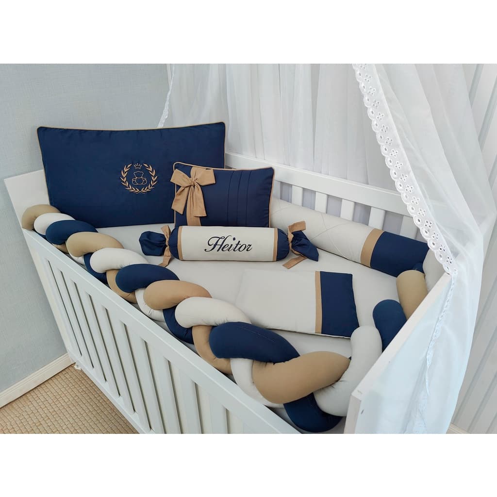 kit protetor para berço trança menino marinho e ocre