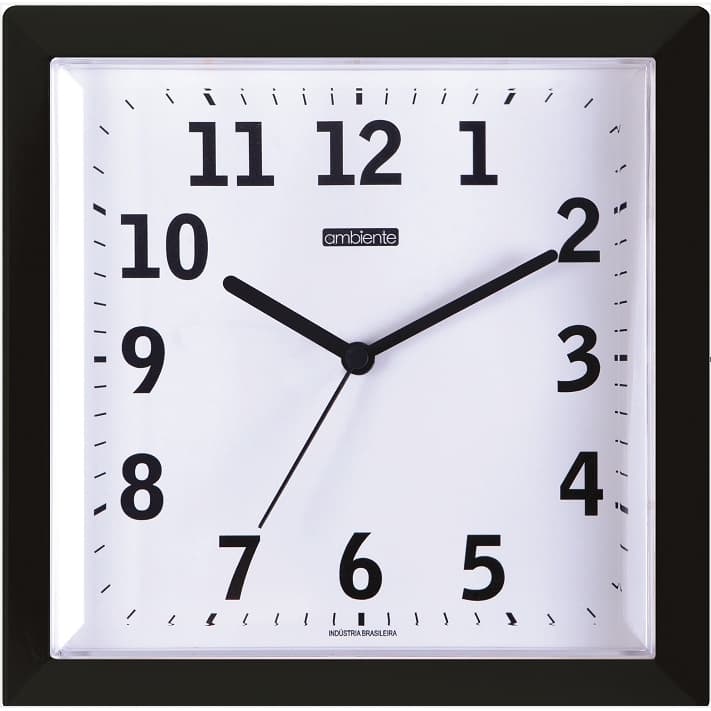 RELOGIO DE PAREDE QUADRADO NUMEROS PRETOS FUNDO BRANCO