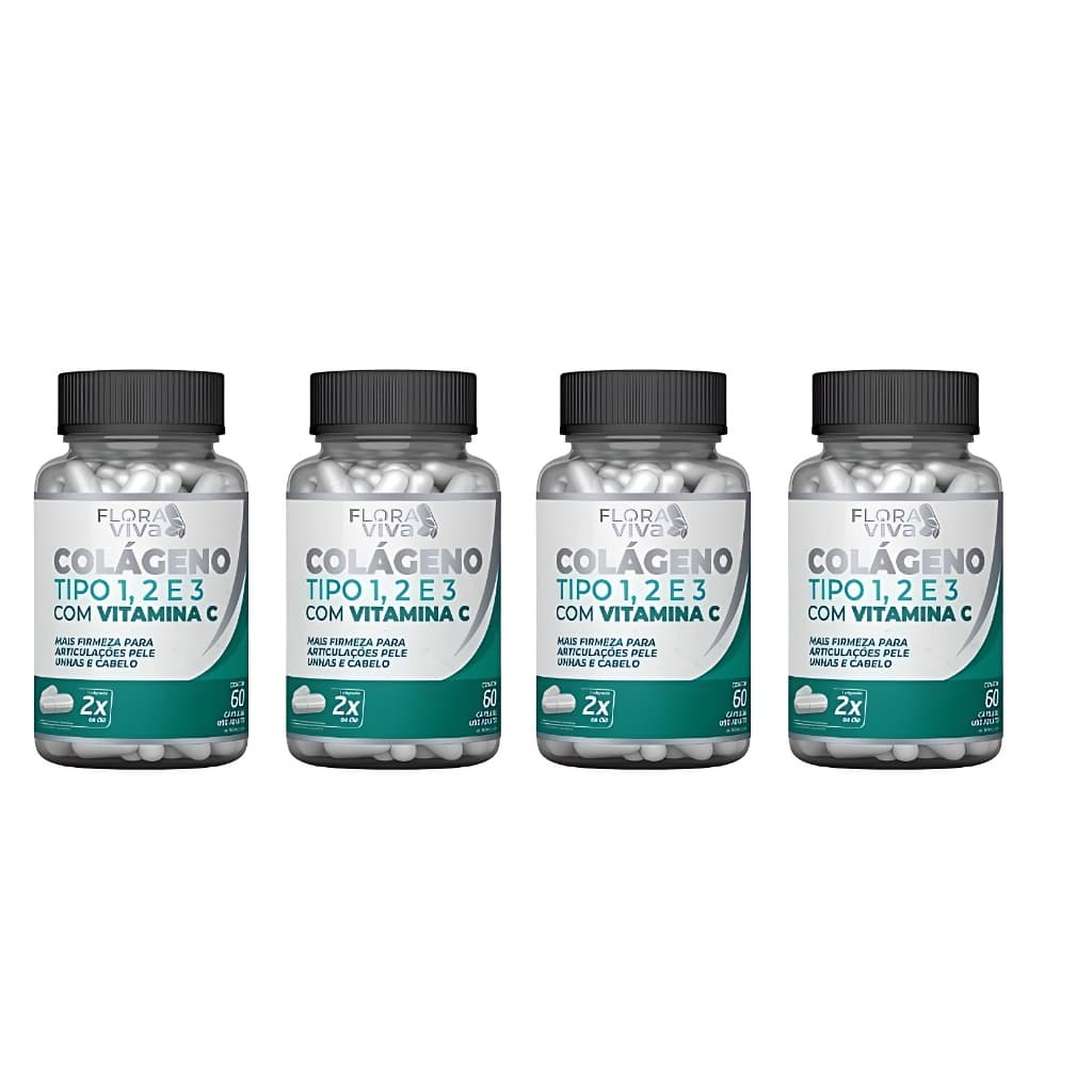 4 POTES Colágeno Tipo 1, 2 e 3 com Vitamina C 60cps - Flora Viva