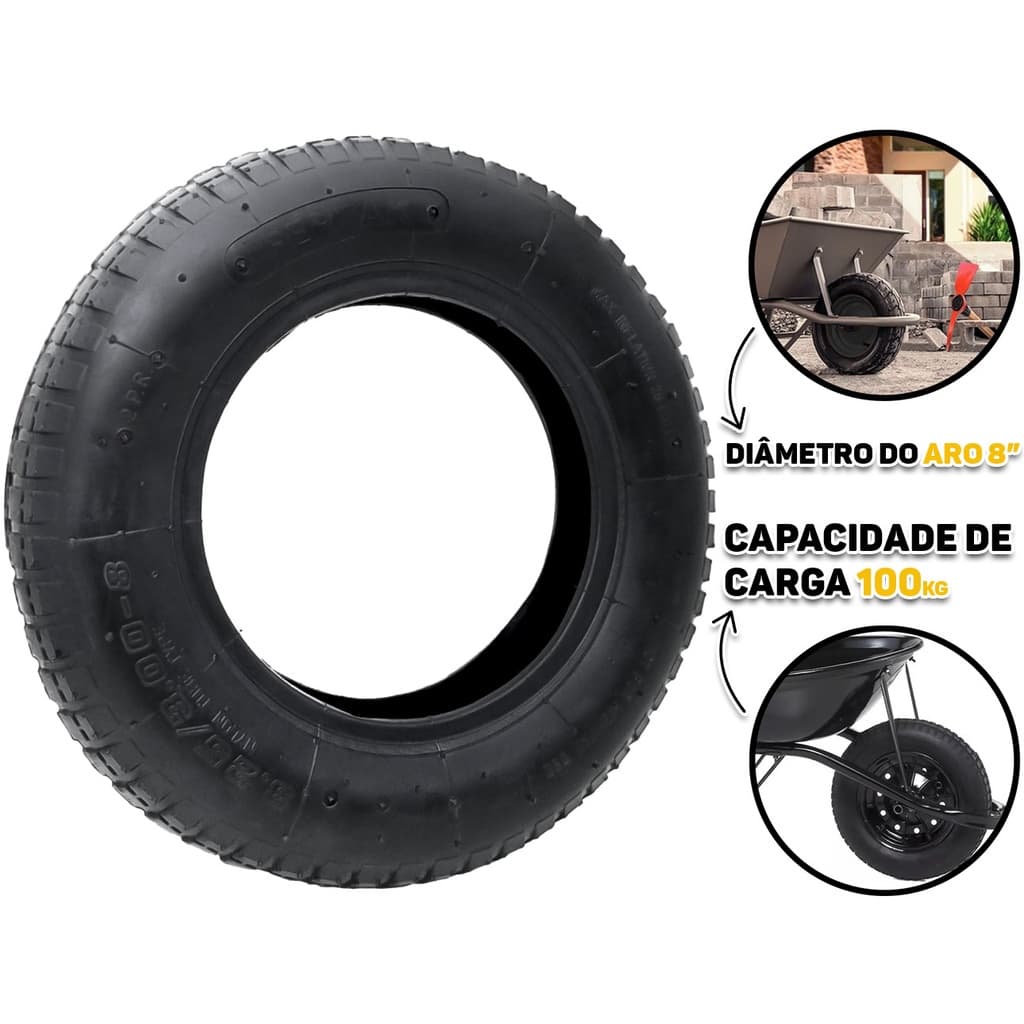 Pneu 2 Lonas 3,25x8 Para Carrinho de Mão Carriola Tipo Tubo de Nylon Alta Qualidade Construção Jardinagem Fertak
