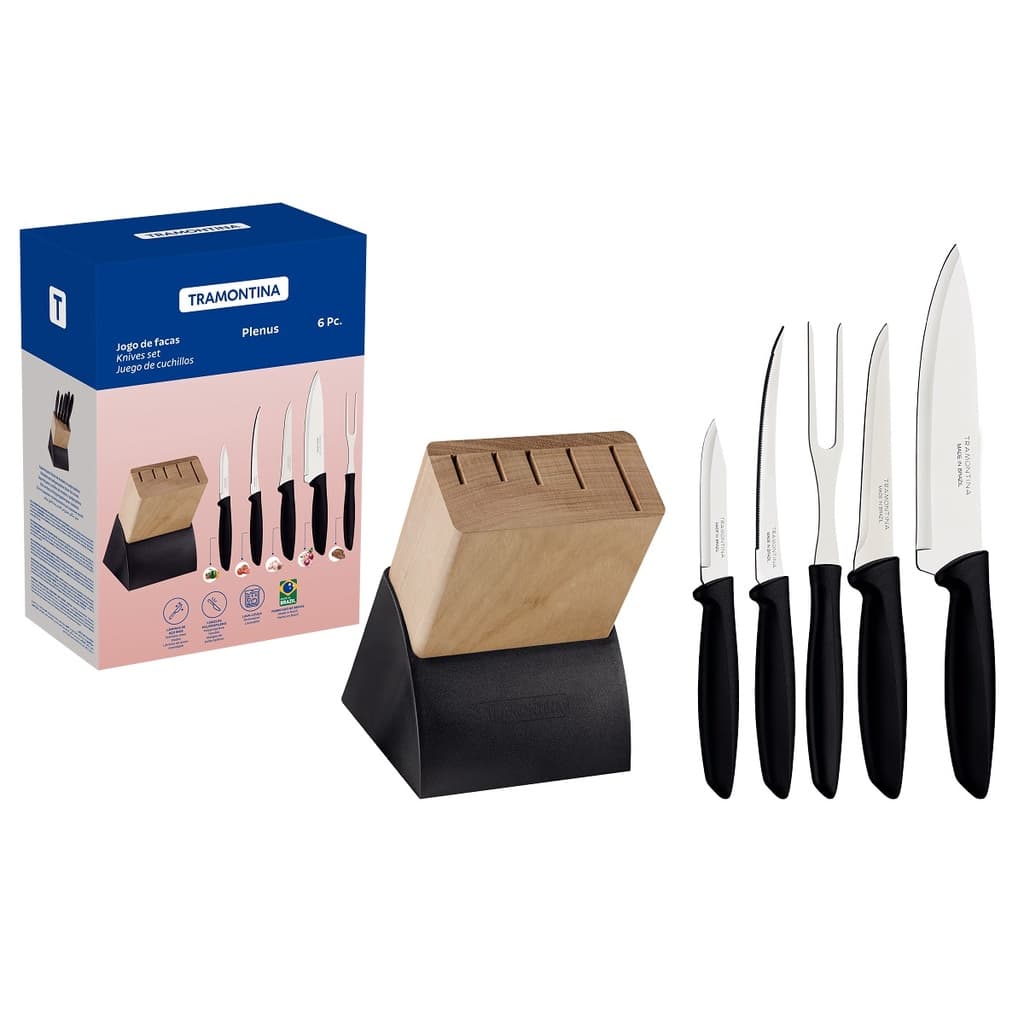 Jogo de Facas Tramontina Inox Com Suporte Madeira Kit Cozinha Churrasco