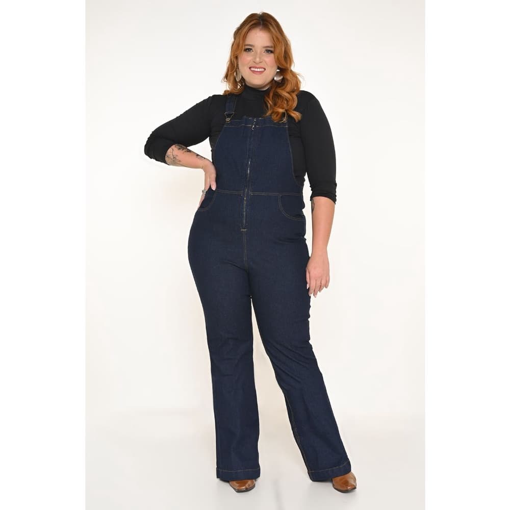 Jardineira Feminina Jeans Plus Size Bolso funcional e Zíper Dia a Dia Trabalho Reunião