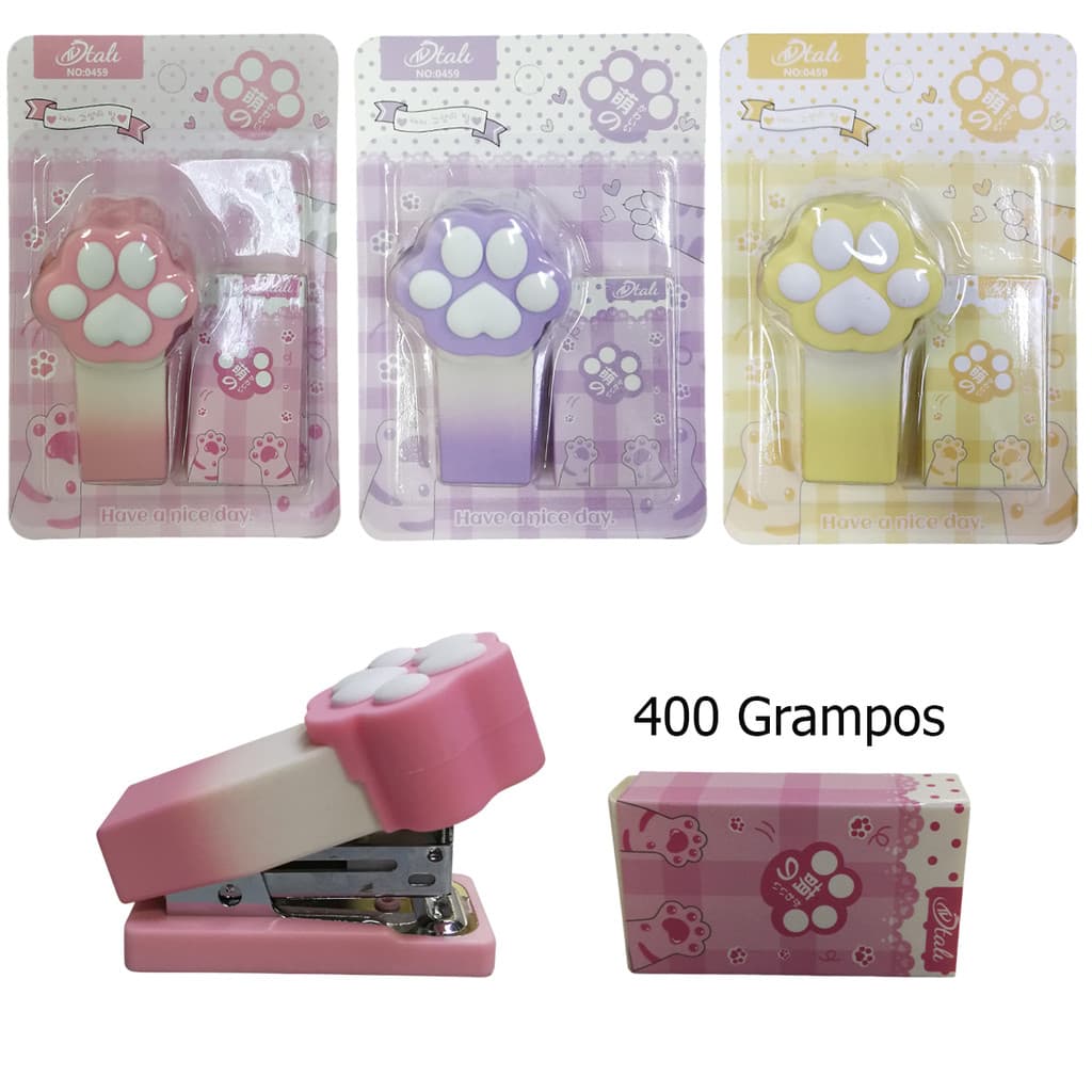 Mini Grampeador Patinha de Gatinho Com 400 Grampos Para Escritório Escola