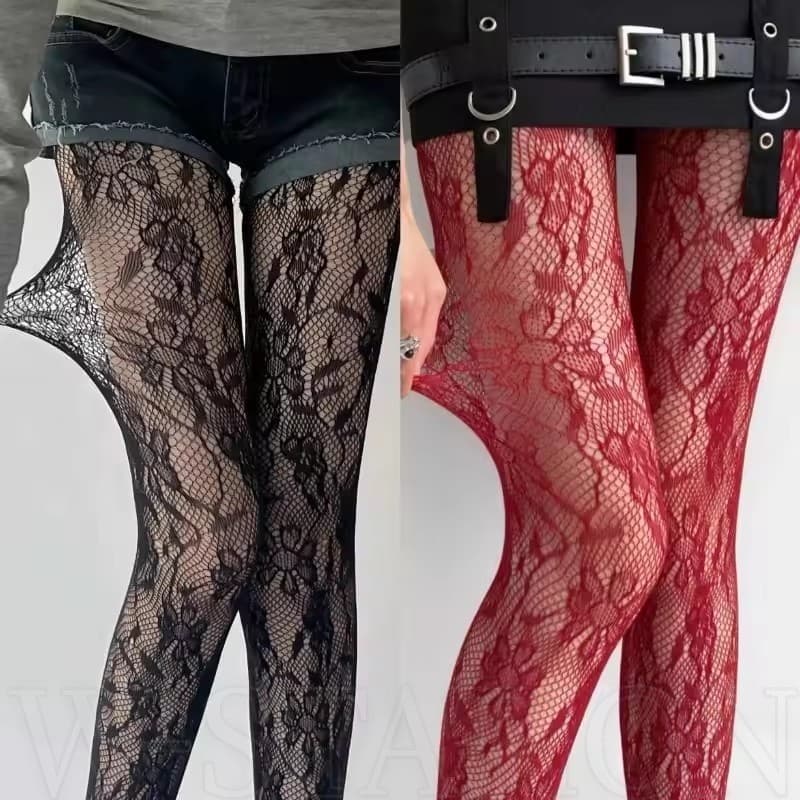 Meia Feminina Flor Oca Preta Branca-Calça Arrastão De Renda Lolita-Doce , Y2k , Fofa , Moderna-Macia , Confortável , Alt