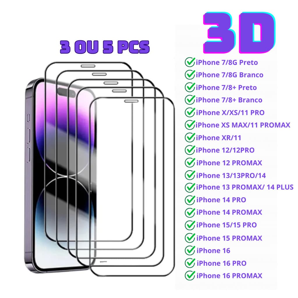 Películas 3D KIT 1,3 ou 5Para iPhone 7/8/x/xs/xs max/xr/11/12/13/14/15/16/17 AIR/PRO/PROMAX/PLUS
