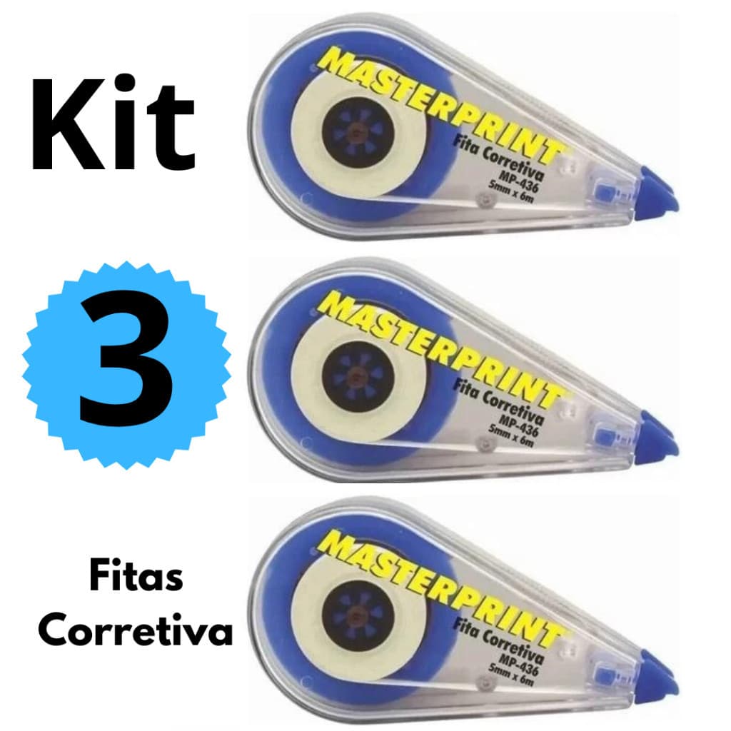 Kit 3 Fitas Corretiva 5mm x 6m Secagem Imediata Corretivo em Fita Masterprint