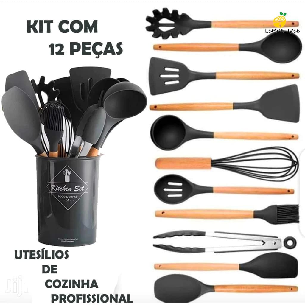 KIT 12 Peças de Utensílios Para Cozinha em Silicone e Bambu
