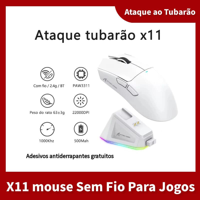 mouse Para Jogos Leve Sem Fio Attack shark R1 X11 Três Modos De Conexão PAW3311 22000DPI 400IPS 50G Rato Ergonômico espo