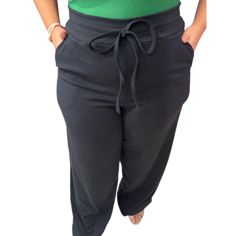 Calça  Malha Canelada Calça Pantalona Feminina Tamanho Plus  Com Cordão Ajustável Para Gravida