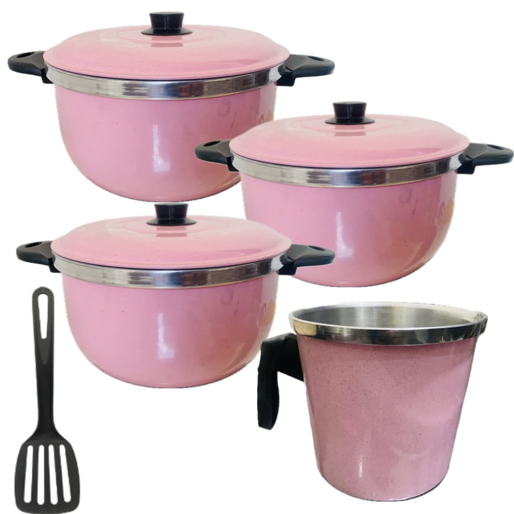 Jogo de Panelas Kit Caçarolas  Alumínio Grosso na cor Rosa 4 Peças Com Canecão 1 Espátula