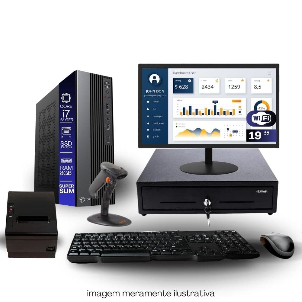 Kit PDV TOB i7 6ªG 8GB SSD 240GB Win10 Rede S/Fio Teclado Mouse Monitor 19" Gvt. Dinheiro  Imp. Térmica Leitor Cód Barra