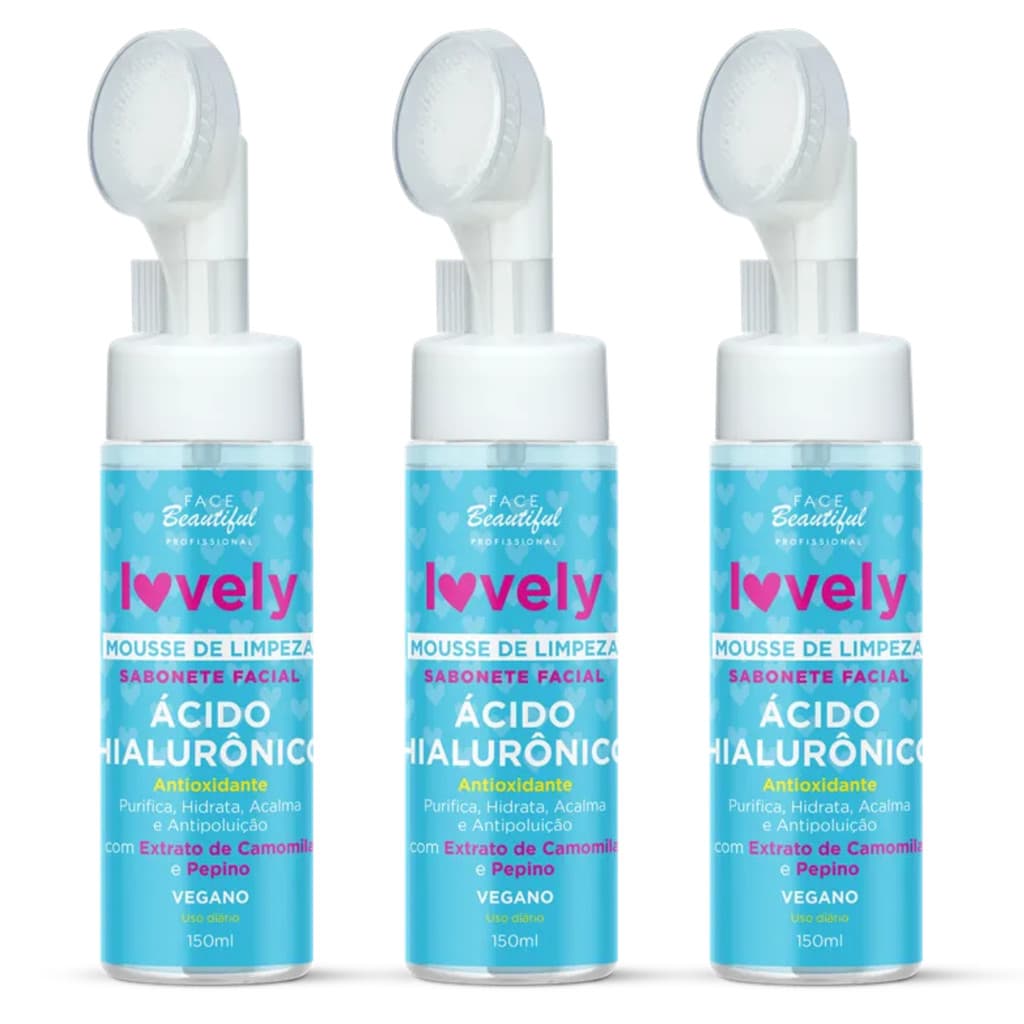 Kit 3 MOUSSE FACIAL ACIDO HIALURONICO C/ ESPONJINHA LOVELY 150ML