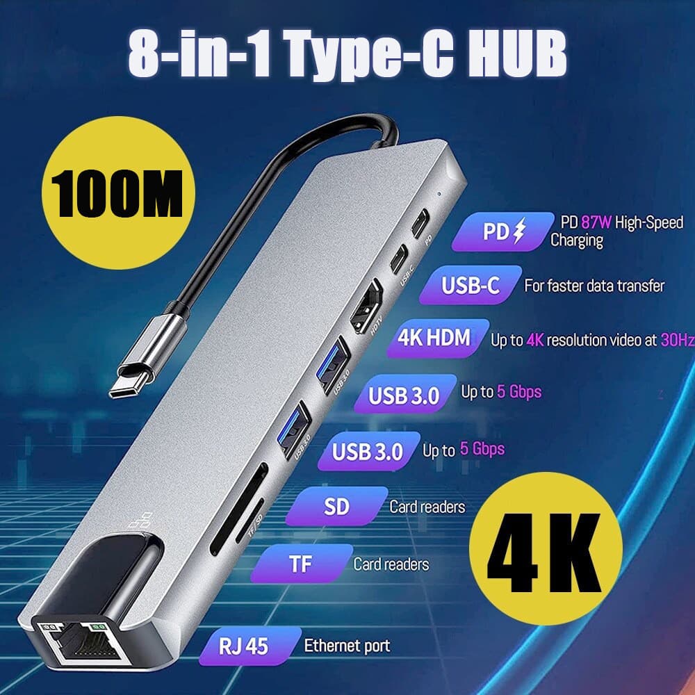 Hub USB Tipo C 7 EM 1/8 Em 1 Para 2.0 3.0 HDMI 4K RJ45 Rede SD TF Docking Station A Extensão De Alta Velocidade De Porta