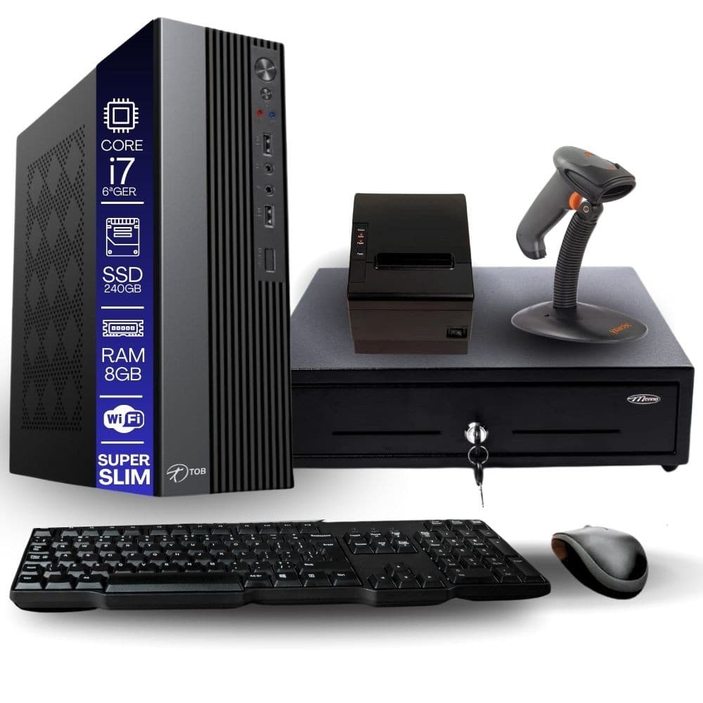 Kit PDV TOB Intel i7 6ªG 8GB SSD 240GB Win10 Rede SFio Teclado Mouse Gaveta Dinheiro Imp Térmica Leitor Código de Barras