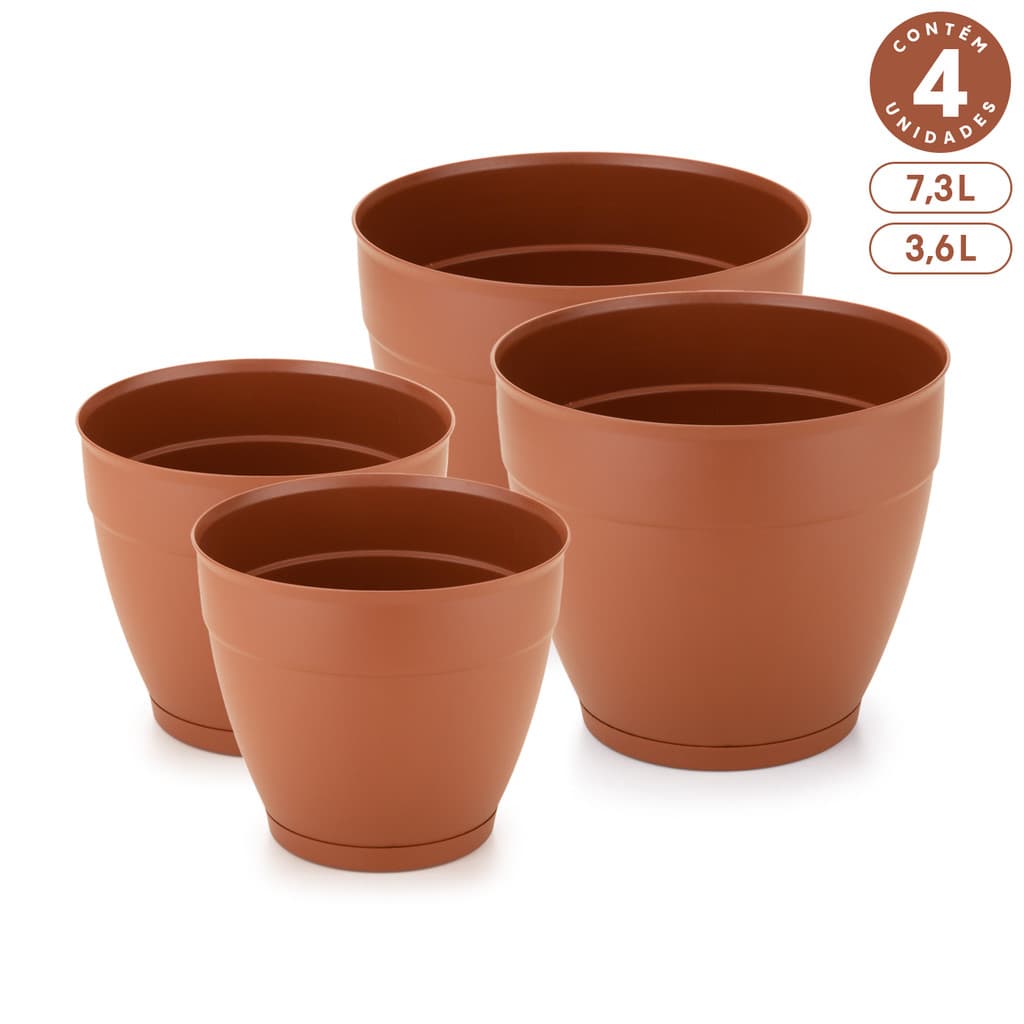 Kit 2 Vasos 7,3L e 2 Vasos 3,6L com Prato Anti-Dengue Plástico Redondo p/ Plantas Interno Externo