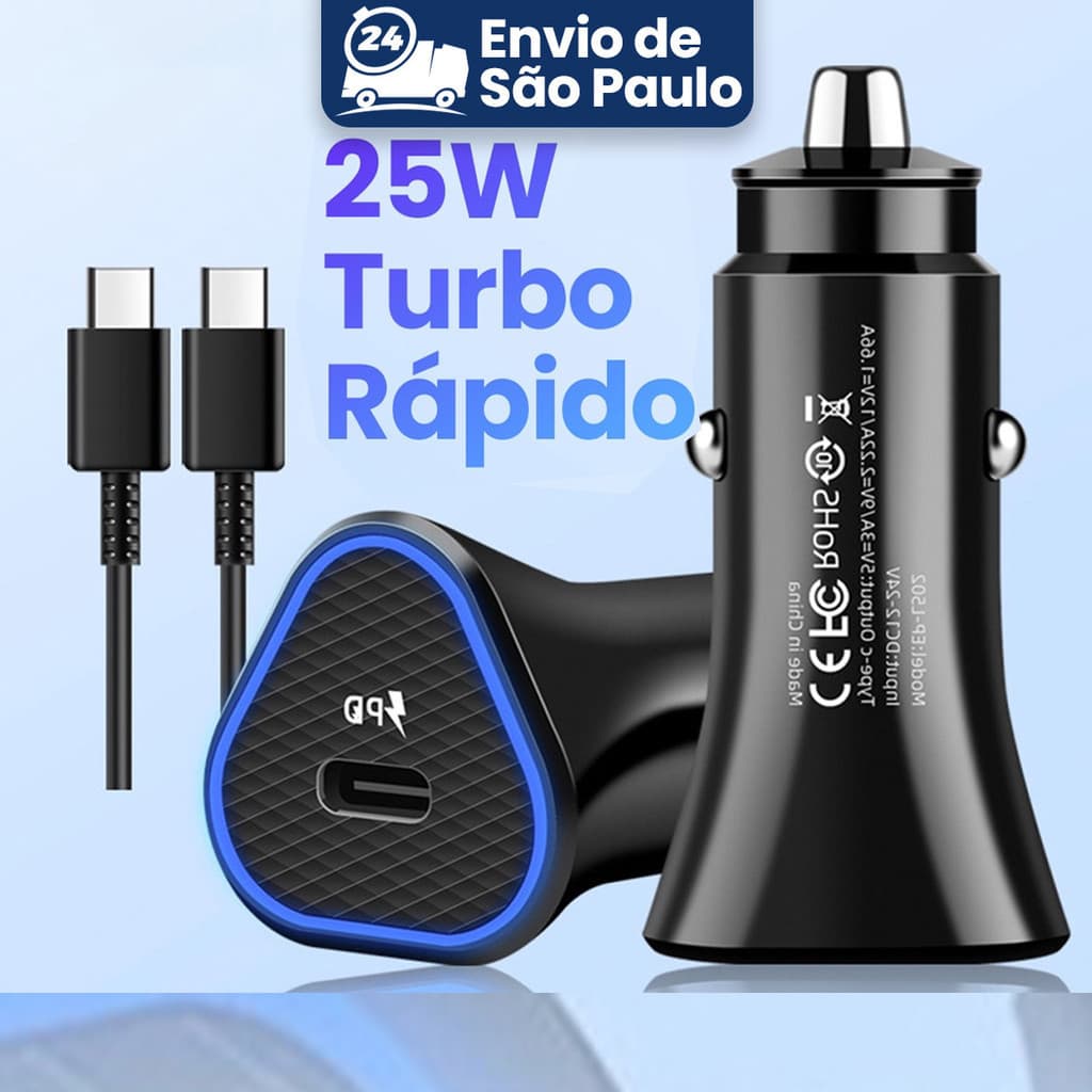Carregador para Celular Veicular Carro Fonte entradas USB Turbo Rápido 25W Carregamento Rápido