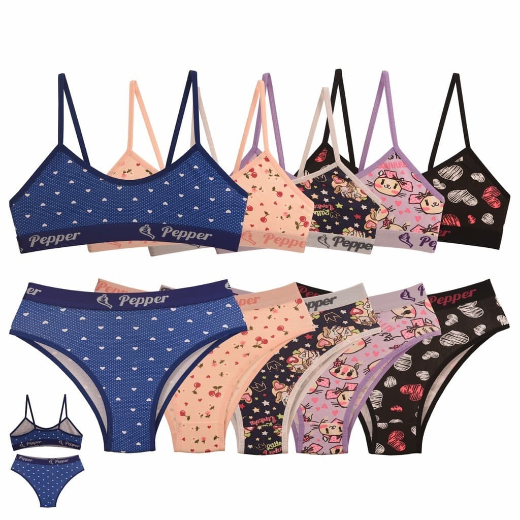 Kit 5 Conjuntos Estampados Juvenil Adolescente cotton Algodão 8% Calcinha e Sutia - PEPPER LINGERIE