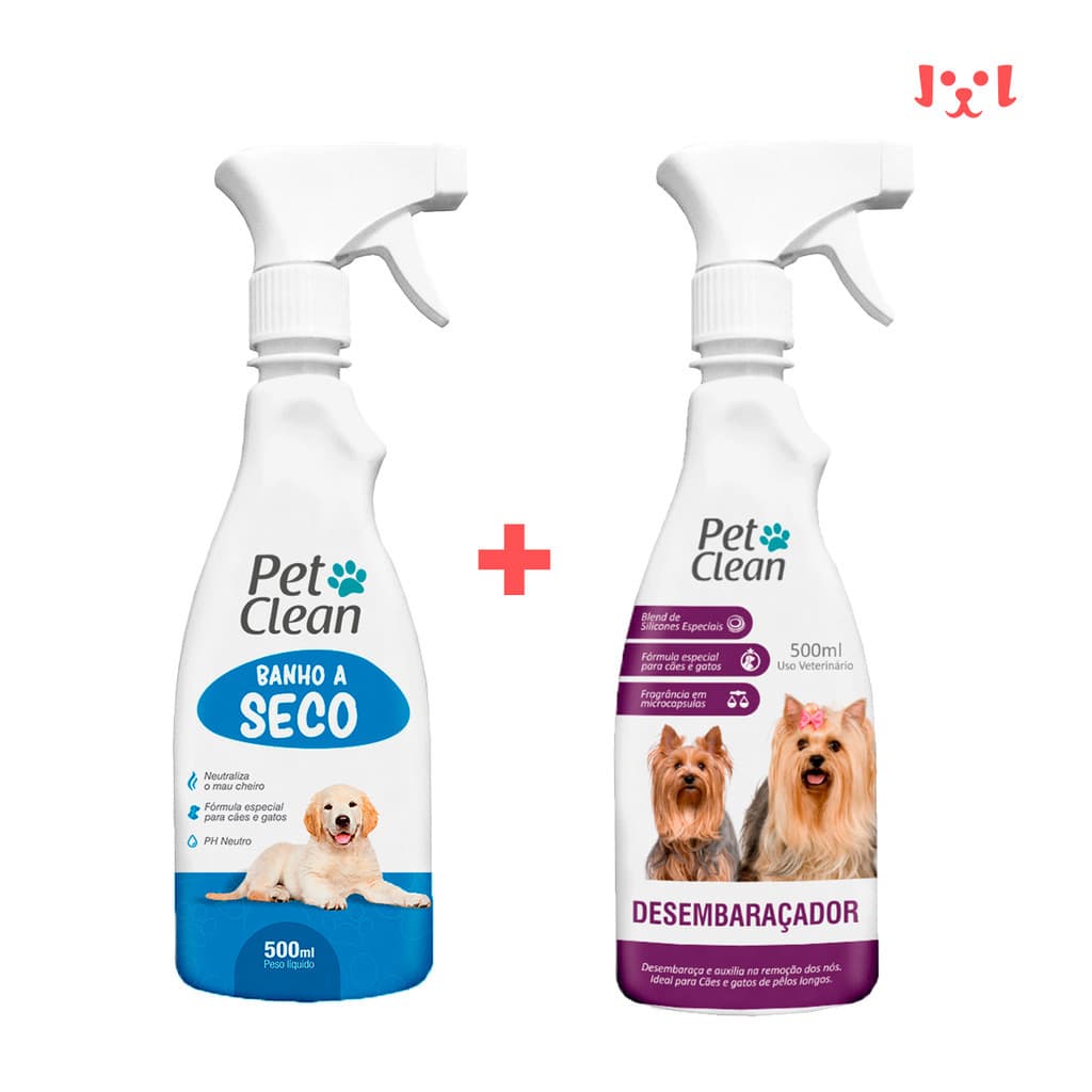 Kit Spray Banho a Seco Sem Enxágue 500 ml + Desembaraçador de Pelos Cachorro e Gato Pet Clean 500ml