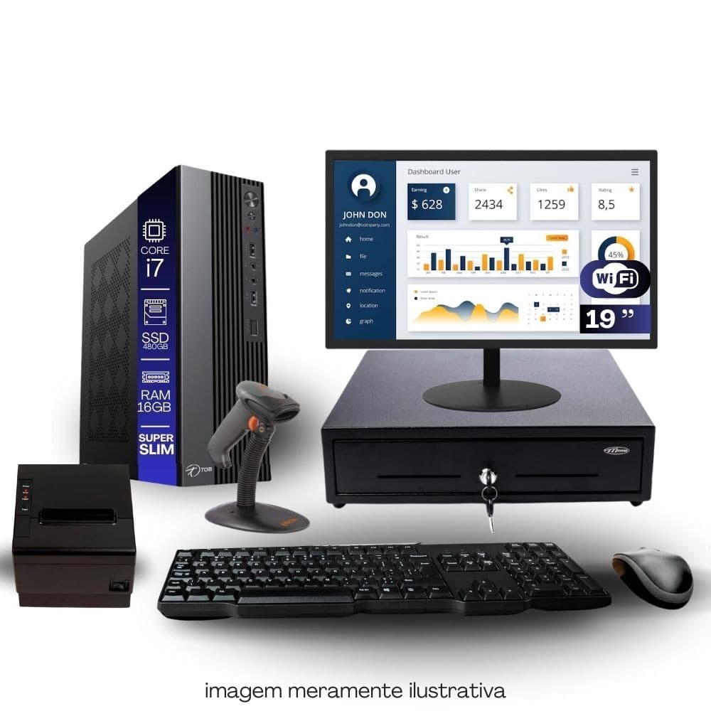 Kit PDV TOB i7 16GB SSD 480GB Win10 Rede S/Fio Teclado Mouse Monitor 19" Gvt. Dinheiro  Imp. Térmica Leitor Cód Barras