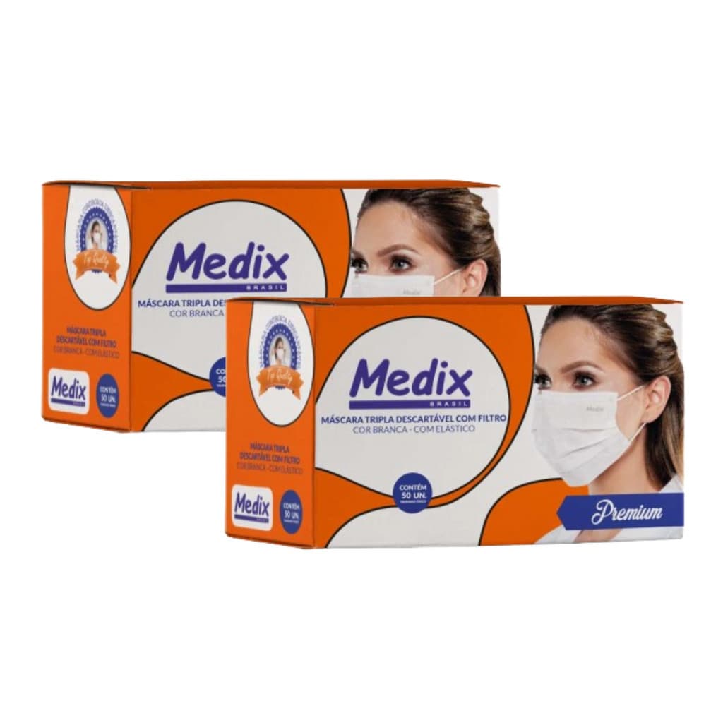 Kit com 2 Máscara Tripla Medix Descartável Com Filtro Branca 50 Unidades