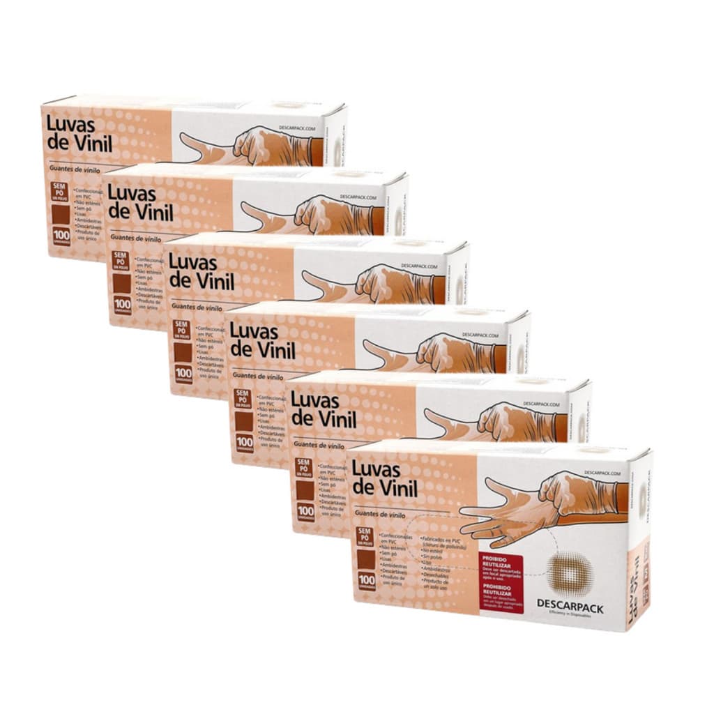 Kit 6 Luva Descartavel vinil Sem Pó Descarpack Com 100 Uni Cada Caixa