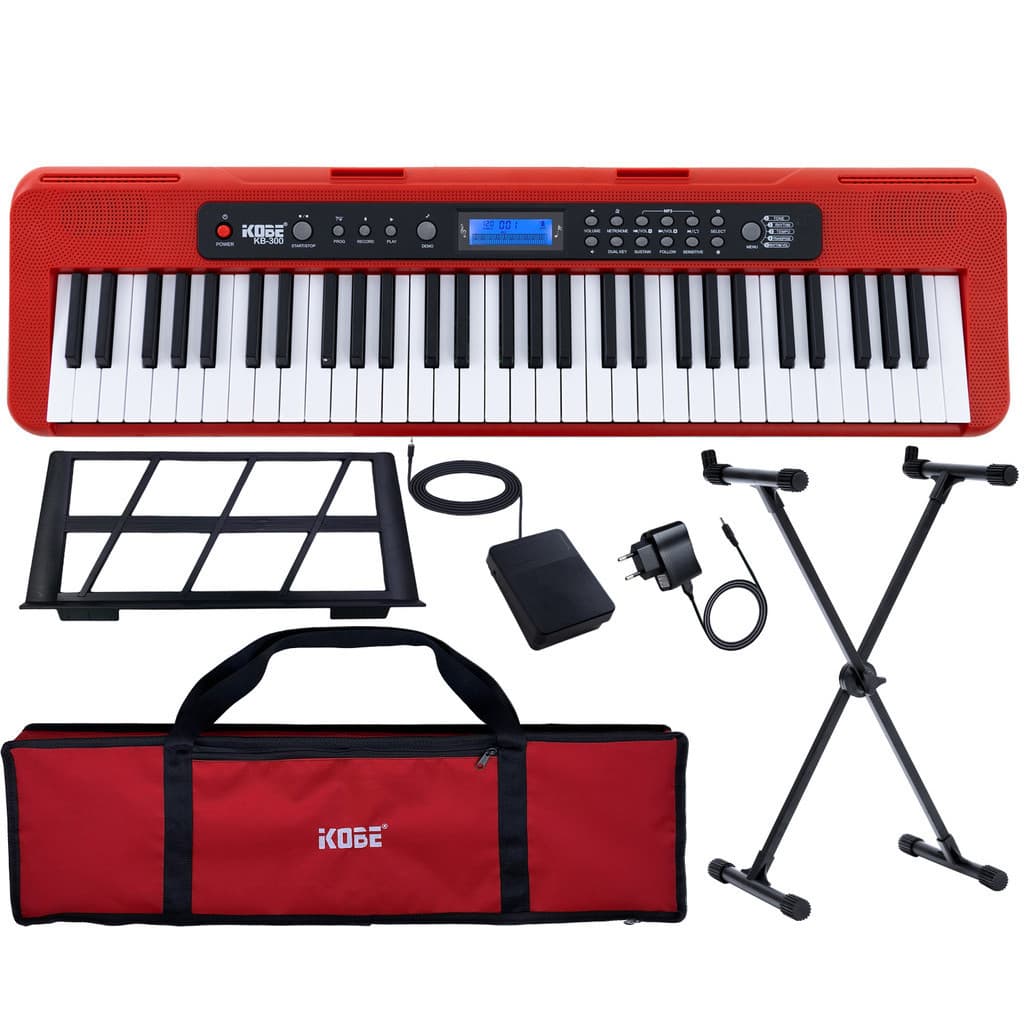 Kit Teclado Musical Iniciante Kobe KB-300 61 Teclas com Sensibilidade Pedal Sustain Capa e Suporte
