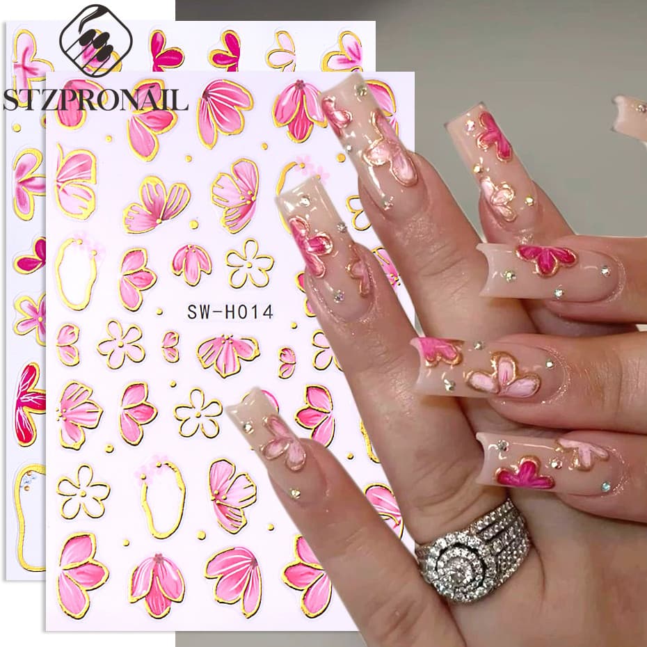 Rosa Hibisco Flor Etiqueta Da Arte Do Prego 3D Ouro Linhas Irregulares Arco Pétala Borboleta Folhas DIY Bronzeamento Y2K