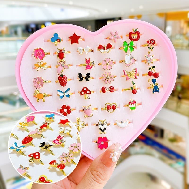 Kit 72 Anéis Infantil Menina + Caixa Coração / Ajustável Sortidos anel frutas animais flores ate.... anel para criança presente aniversario