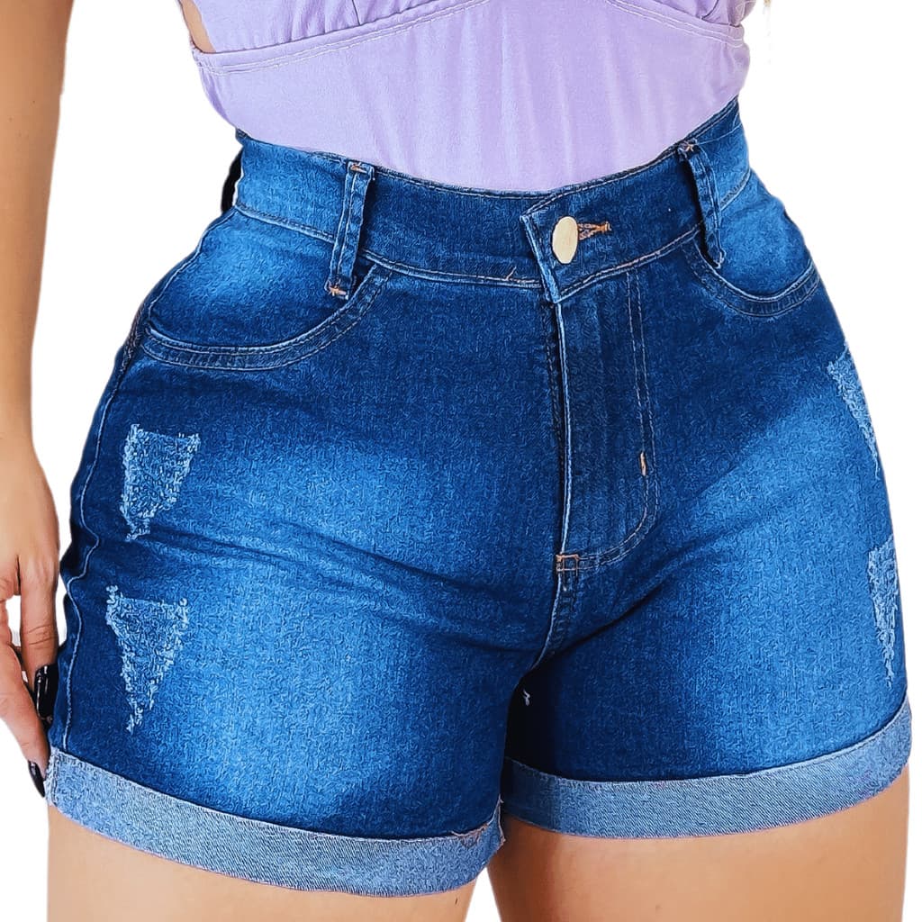 Short Jeans Cintura Alta Meia Coxa Levanta Bumbum Lycra Pistolado