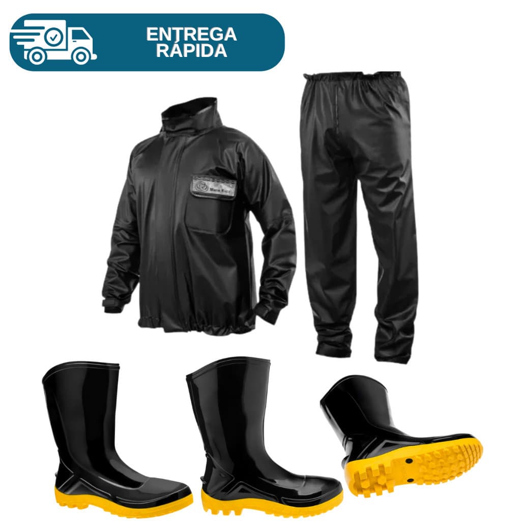 Conjunto Chuva Motoqueiro Blusão E Calça + Bota Pvc Solado Amarelo Motociclista Motoboy Impermeável