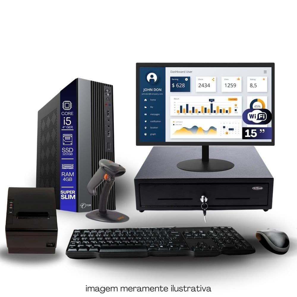 Kit PDV TOB i5 4ªG 4GB SSD 120GB Win10 Rede S/Fio Teclado Mouse Monitor 15" Gvt. Dinheiro  Im. Térmica Leitor Cód Barras