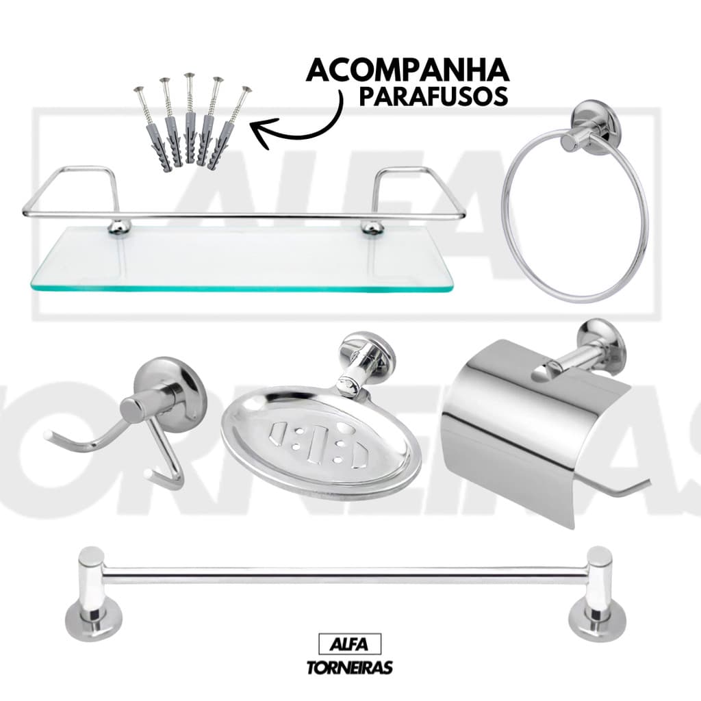 Kit Banheiro Acessórios 5 Peças + 1 Porta Shampoo Reto Inox Cromado Porta Toalhas Papeleira Saboneteira