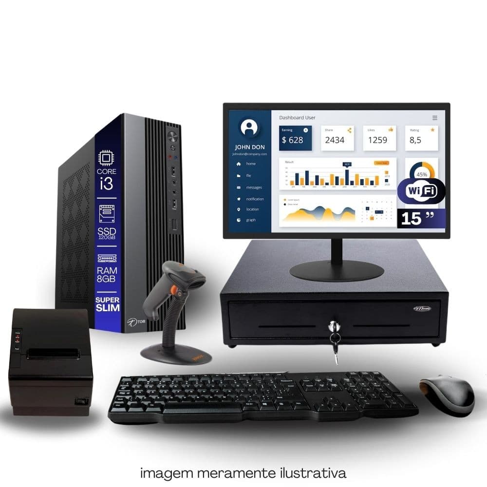 Kit PDV TOB i3 8GB SSD 120GB Win10 Rede S/Fio Teclado Mouse Monitor 15" Gvt. Dinheiro  Imp. Térmica Leitor Cód Barras